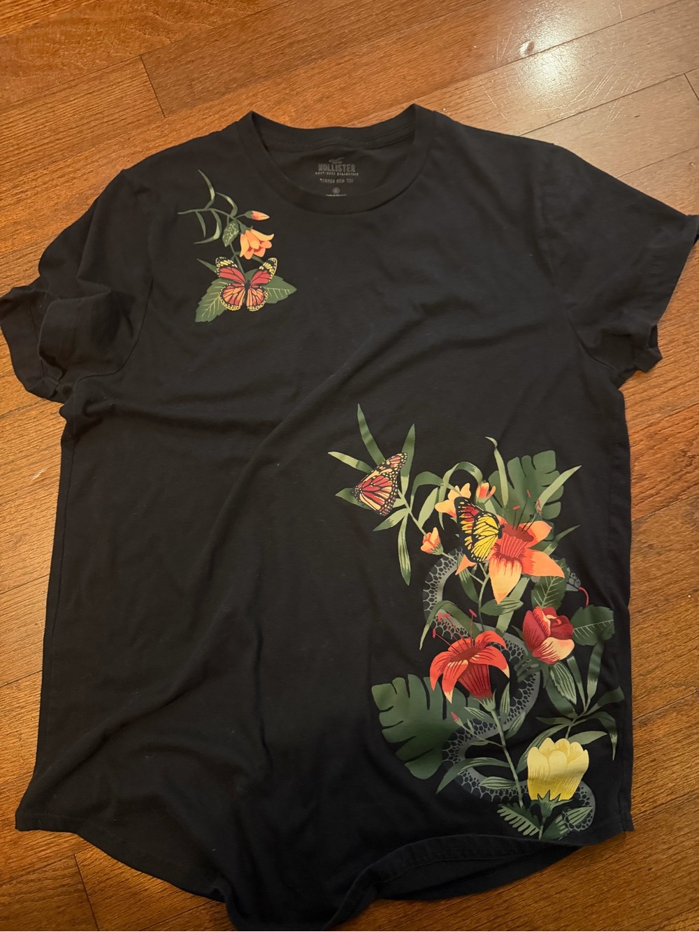 Hollister Black Short-Sleeve Tee with Tropical Floral & Butterfly Print
